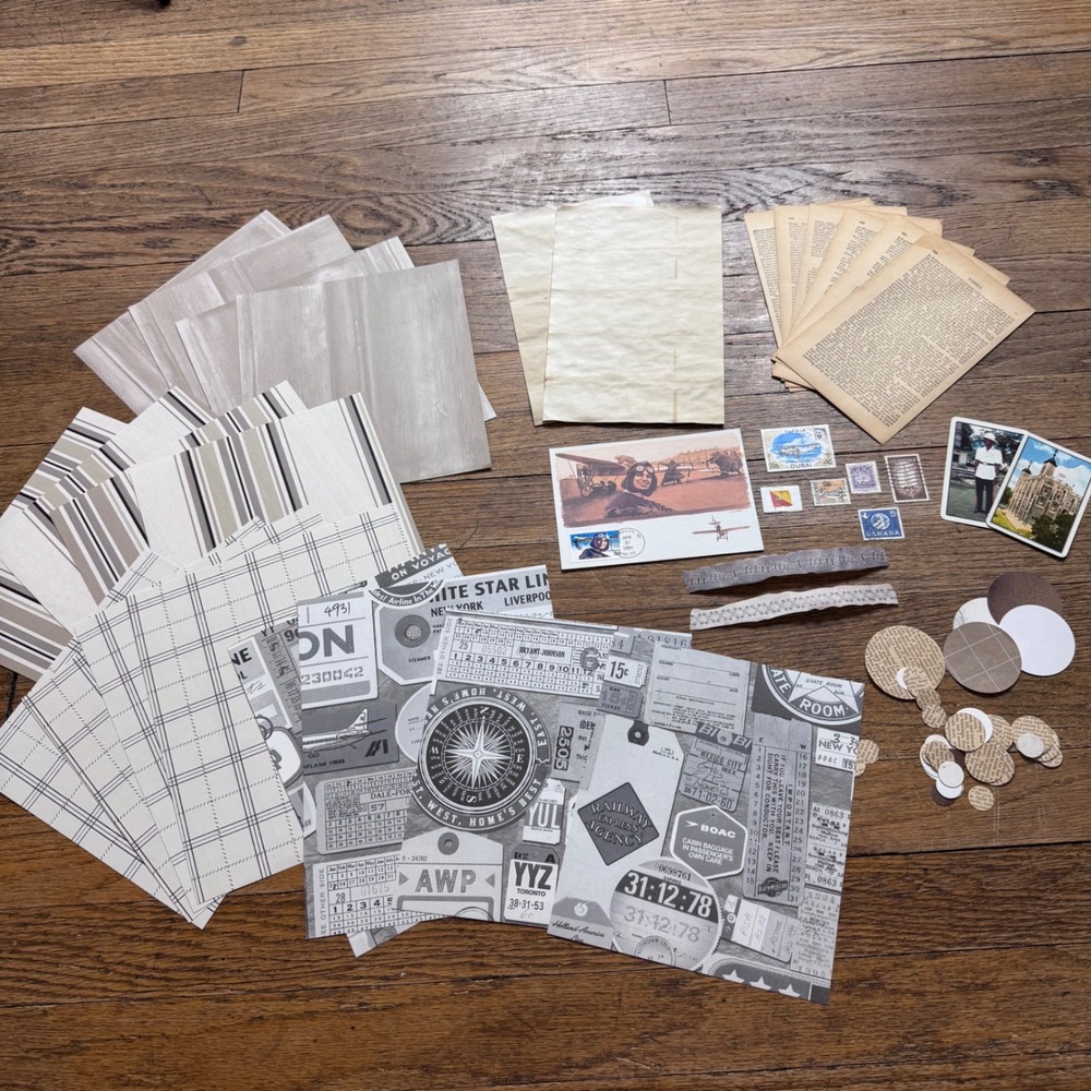 Junk journal Wallpaper, stamps, circles, cards postcard ephemera pack 2323